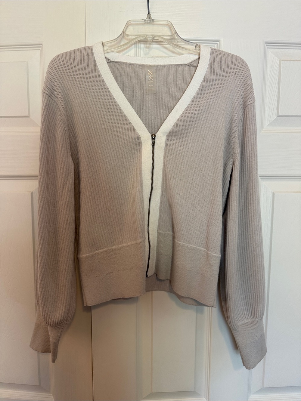 RHONE Taupe Ribbed Zip Cardigan with Cream Trim